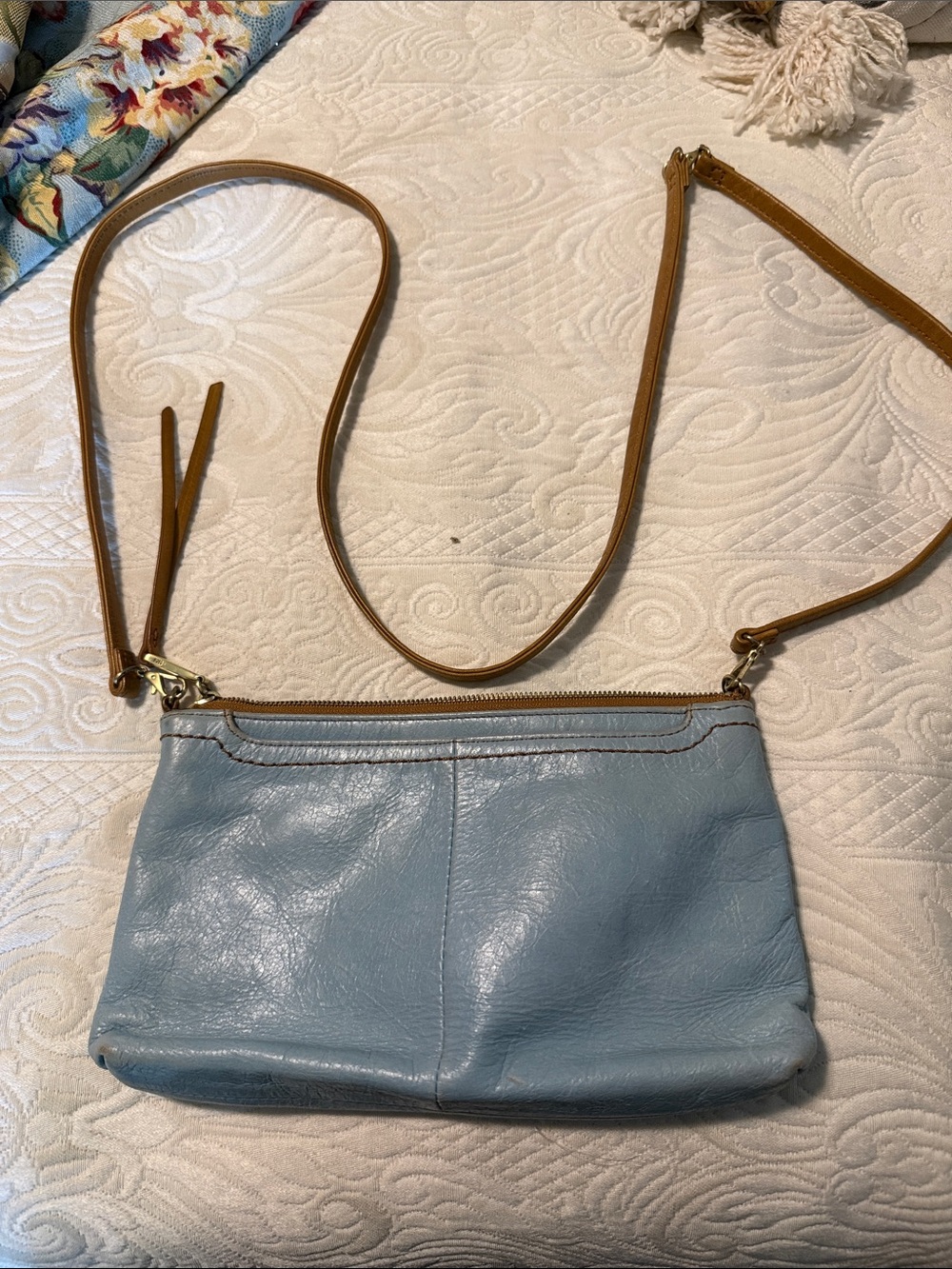 HOBO Light Blue Leather Crossbody with Tan Strap